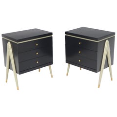 Pair of Compass Shape Legs Black and Grey Lacquer 2 Drawer Night Stands, Brass