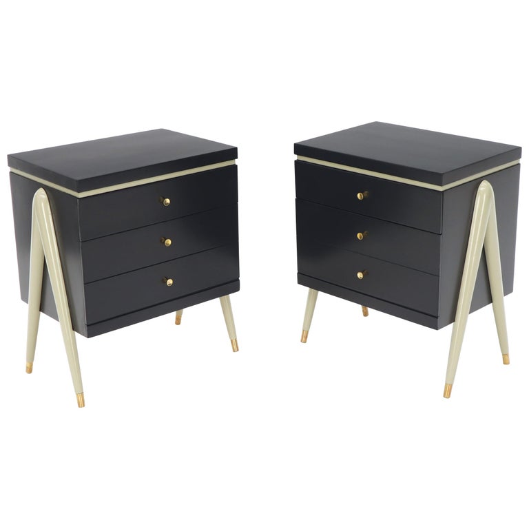 Pair Of Compass Shape Legs Black And Grey Lacquer 2 Drawer Night