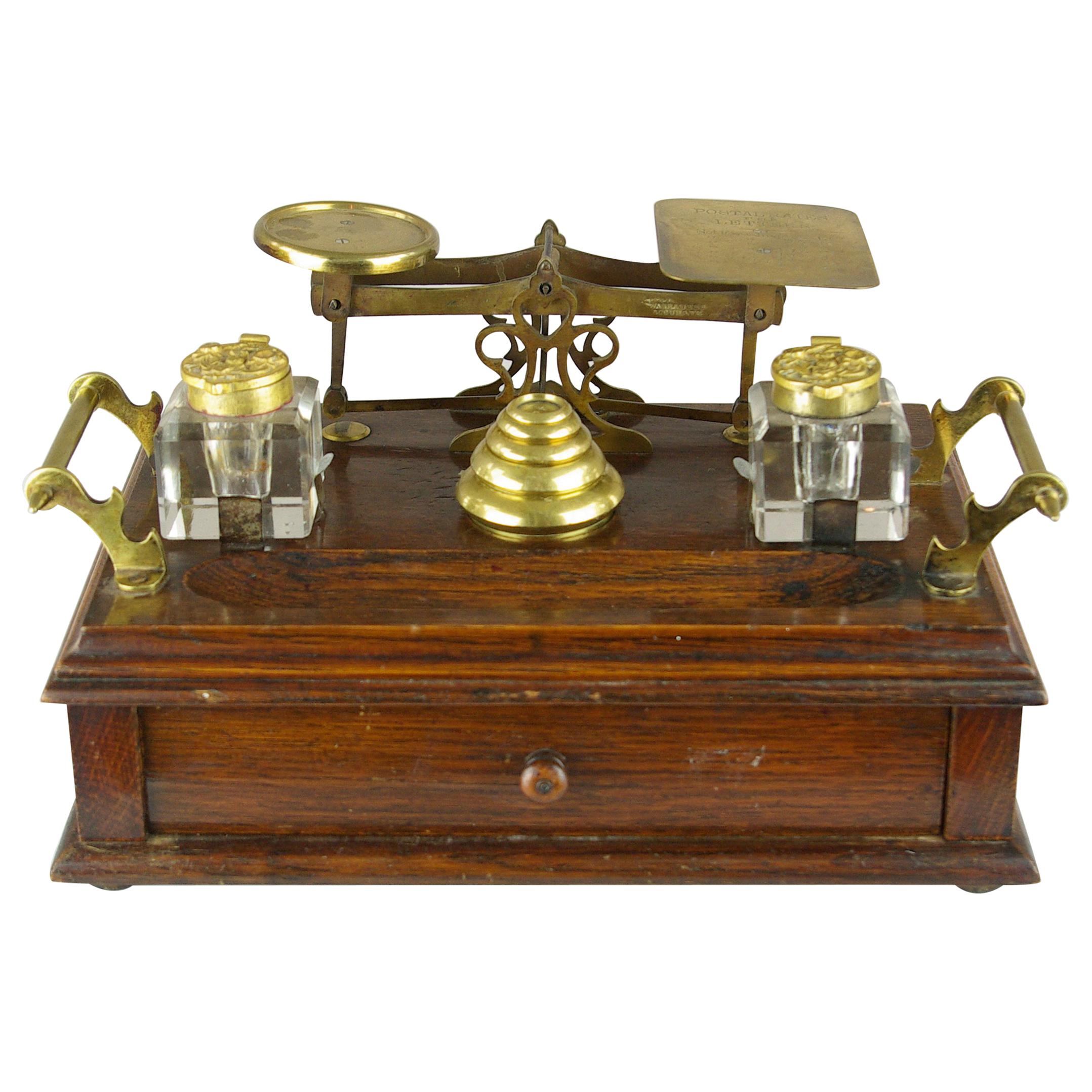 Antique Desk Set, Scottish Victorian Inkstand, Postal Scale, and Weights, B1430C
