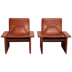 Pair of 1970s Italian Burnt Orange Original Leather Modern Lounge Chairs