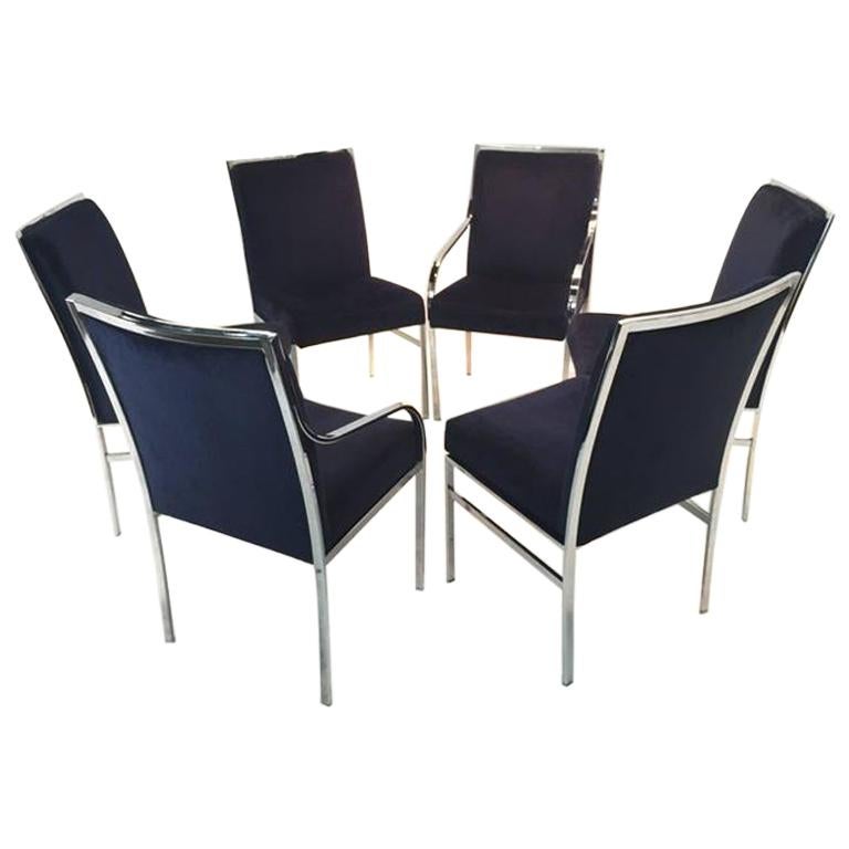 Gorgeous Chrome and Blue Velvet Dining Chairs by Pierre Cardin, Set of Six