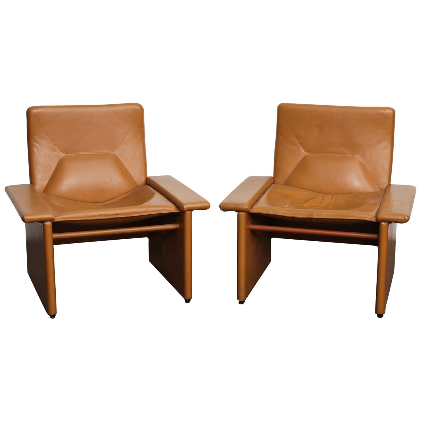 Pair of 1970s Italian Cognac Original Leather Modern Lounge Chairs