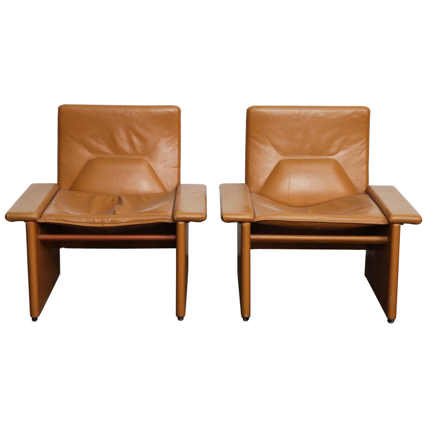 Pair of 1970s Italian Cognac Original Leather Modern Lounge Chairs For Sale