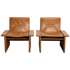 Pair of 1970s Italian Cognac Original Leather Modern Lounge Chairs