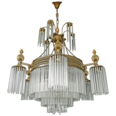 Large French Art Nouveau, Art Deco Glass Straws Fringe 12 Light Brass Chandelier