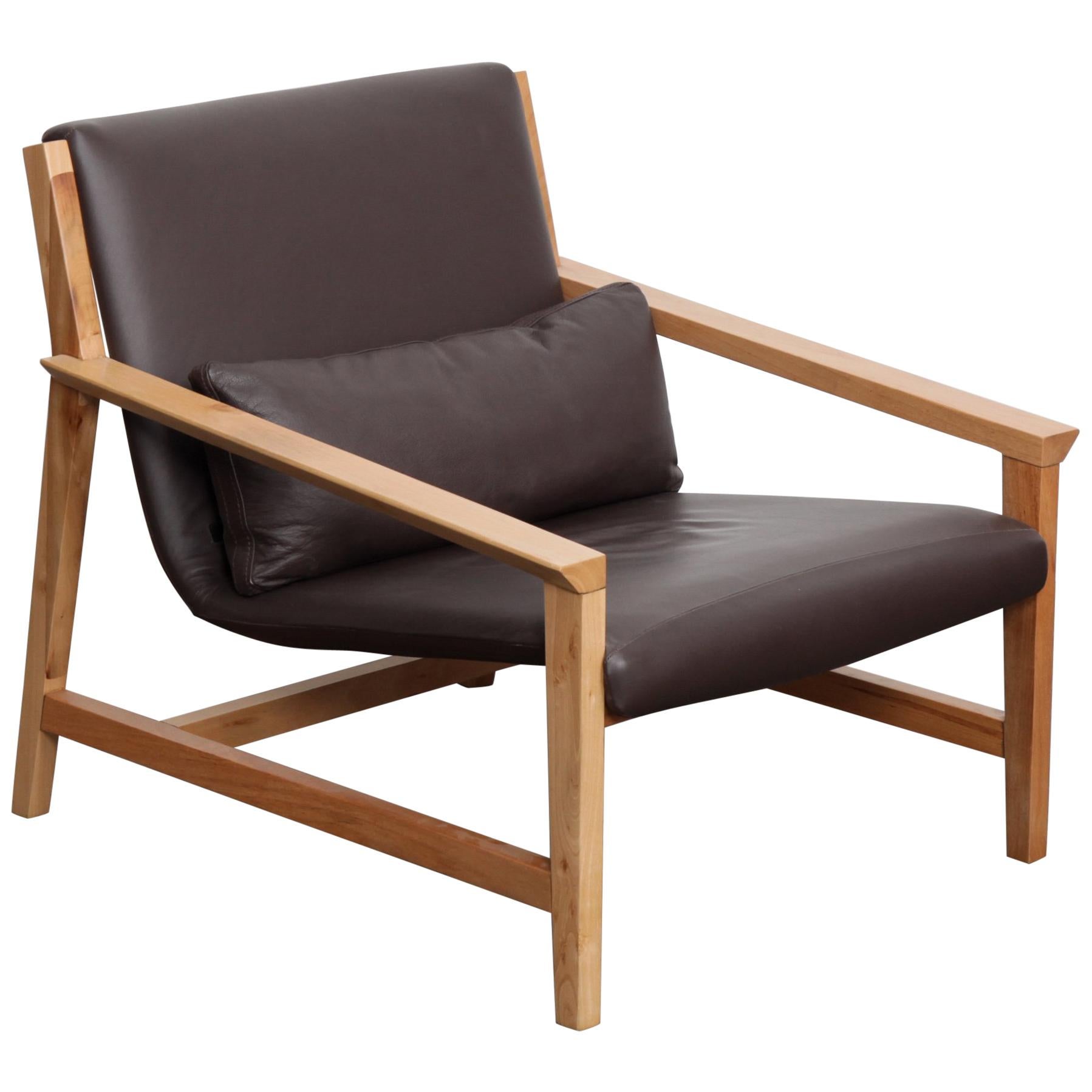 Angular Solid Maple Frame Lounge Chair Clad in Chocolate Brown Leather For Sale