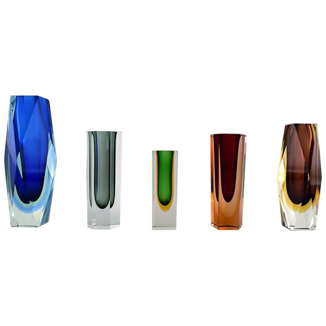 Collection of 5 "Sommerso" Murano Vases in Mouth Blown Art Glass, 1960s