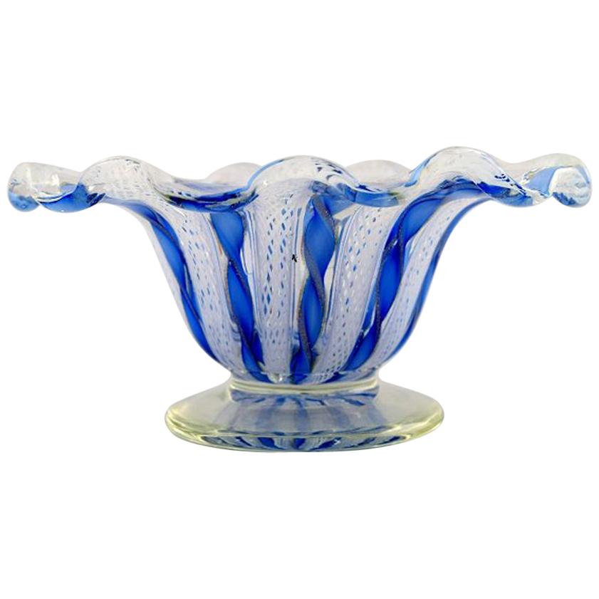 "Zanfirico" Murano, Blue Bowl on Foot in Mouth Blown Art Glass, 1960s
