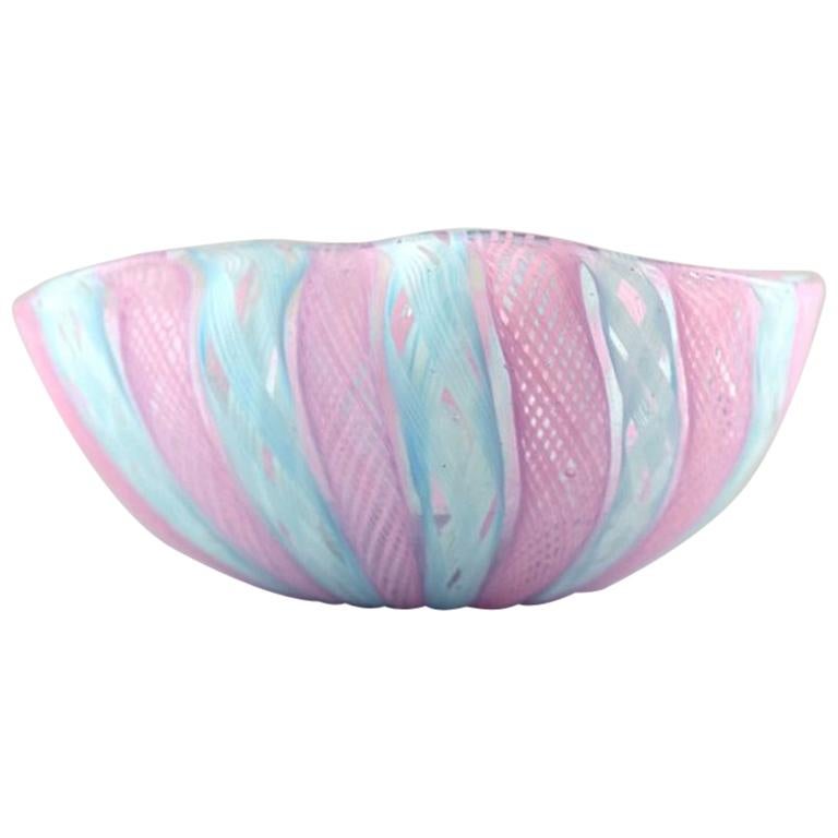 "Zanfirico" Murano, Pink and Light Blue Bowl in Mouth Blown Art Glass, 1960s