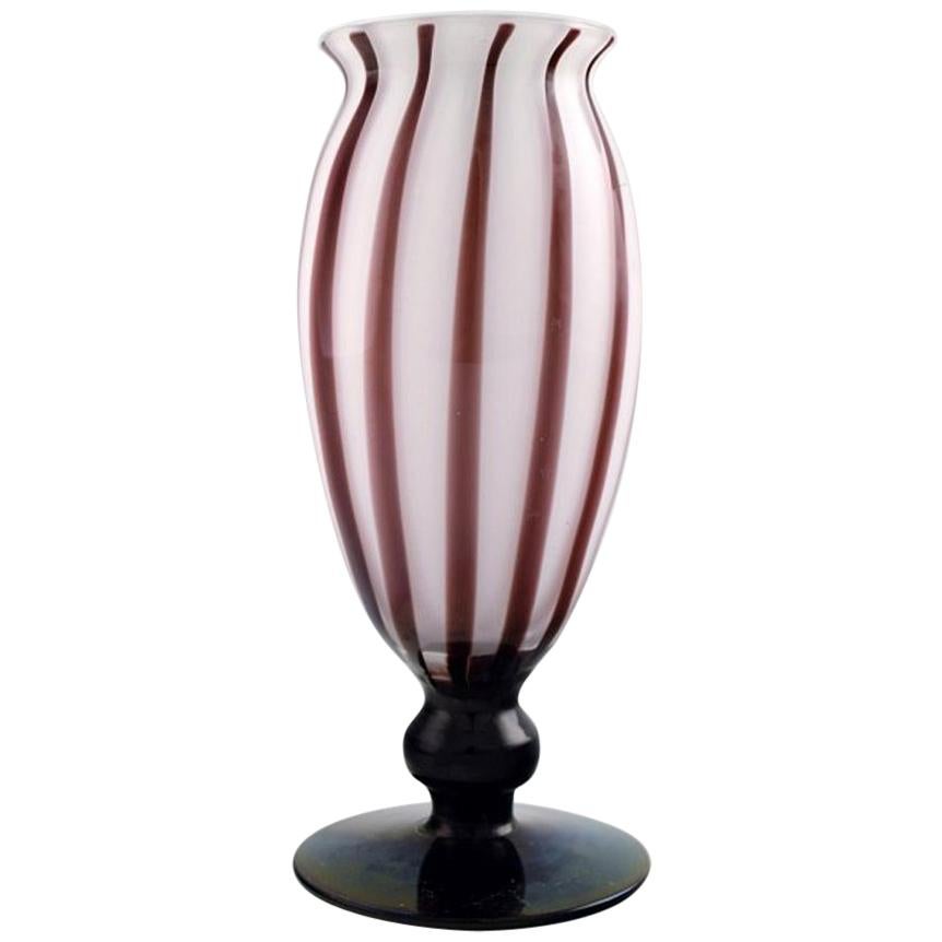 Murano, Vase on Foot with Cherry Colored Stripes in Mouth Blown Art Glass, 1960s