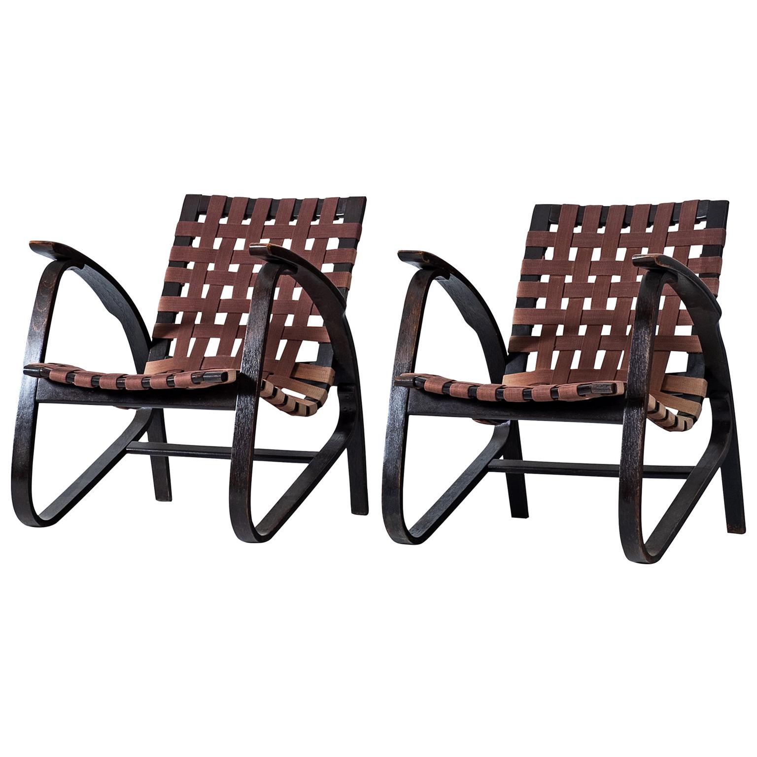 Jan Vanek Pair of Easy Chairs with Woven Straps Upholstery