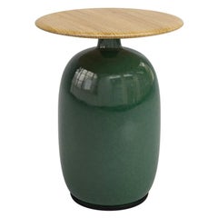Aqua Ceramic Green Side Table with Teak Top