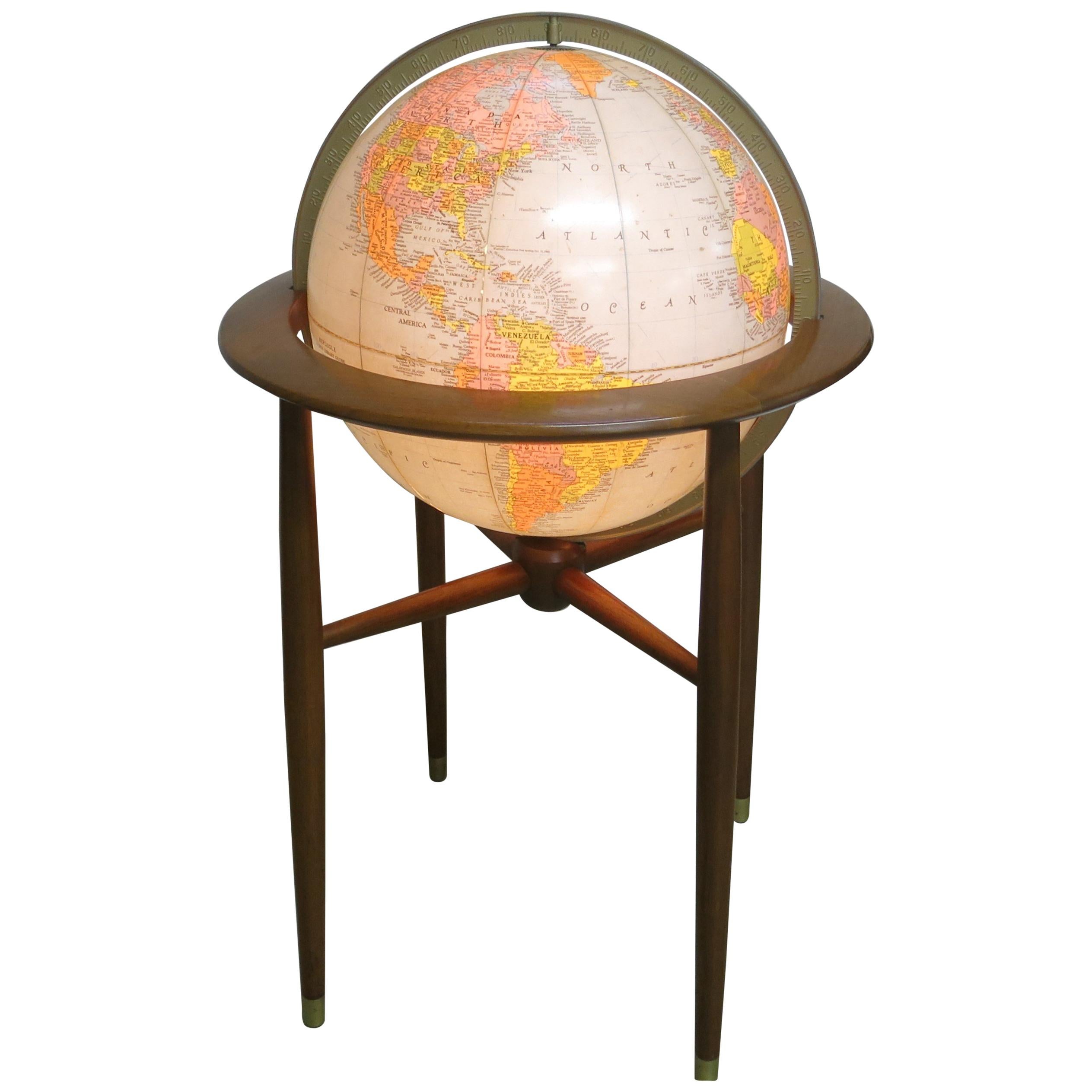 Midcentury Illuminated Floor Globe on Stand Replogle For Sale