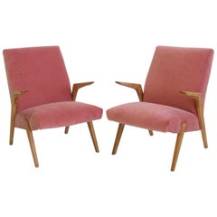 Pair of Scandinavian Modern Style Pink Velvet Armchairs with Wood Frame