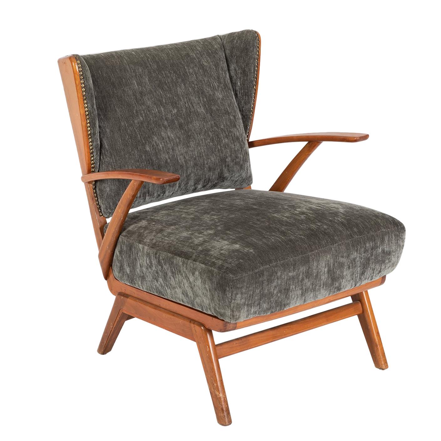 Mid-Century Scandinavian Club Armchair in hardwood and grey fabric, 1970 For Sale