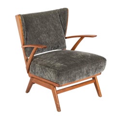 Mid-Century Scandinavian Club Armchair in hardwood and grey fabric, 1970