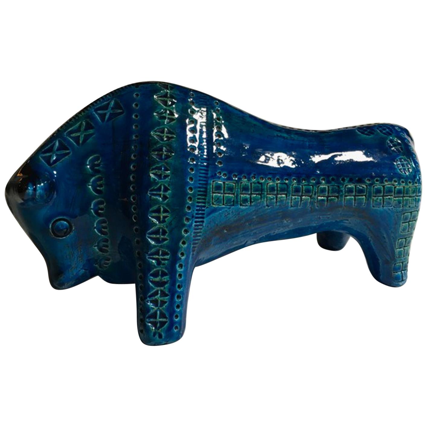 1980 Post-Modern Italian Design Bull in Turquoise Enameled Ceramic For Sale