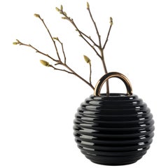 Stephen Burks Contemporary Ceramic Vase in Black Grasso Lines
