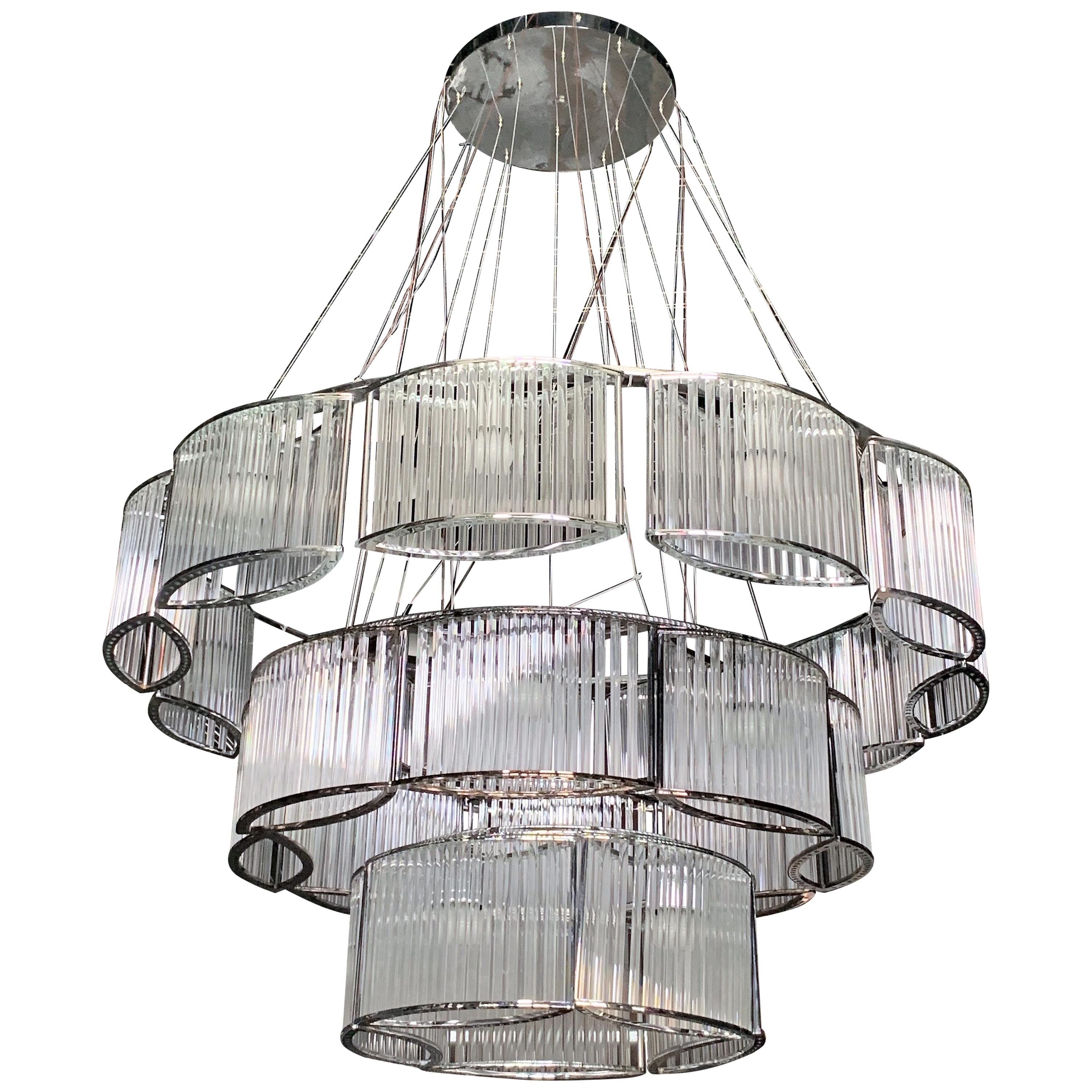 New Chrome and Glass Circular Chandelier For Sale