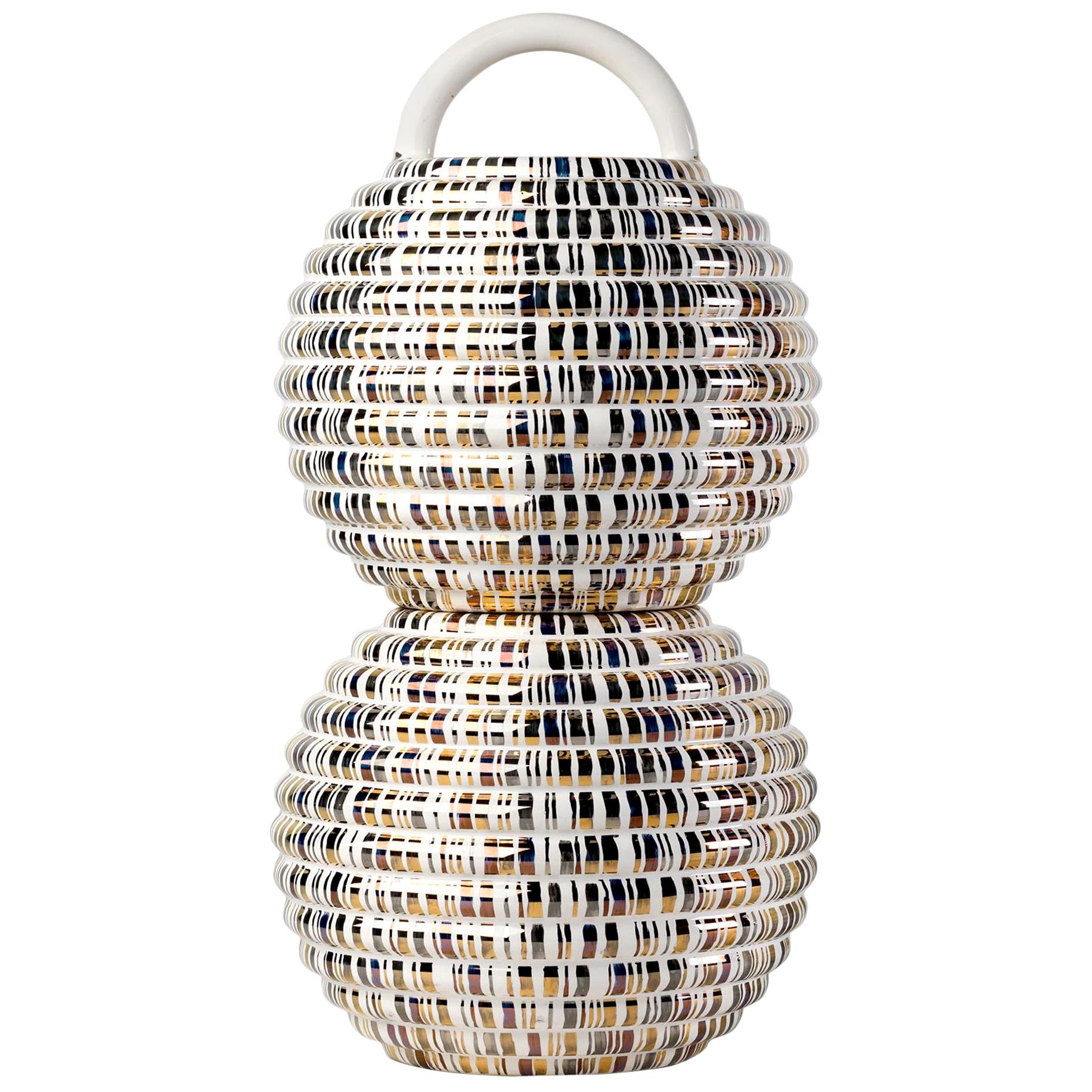Stephen Burks Contemporary Double Ceramic Vase in Gold Grasso Lines