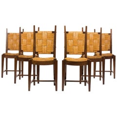 Chairs in Walnut and Straw 1950 Set of 6