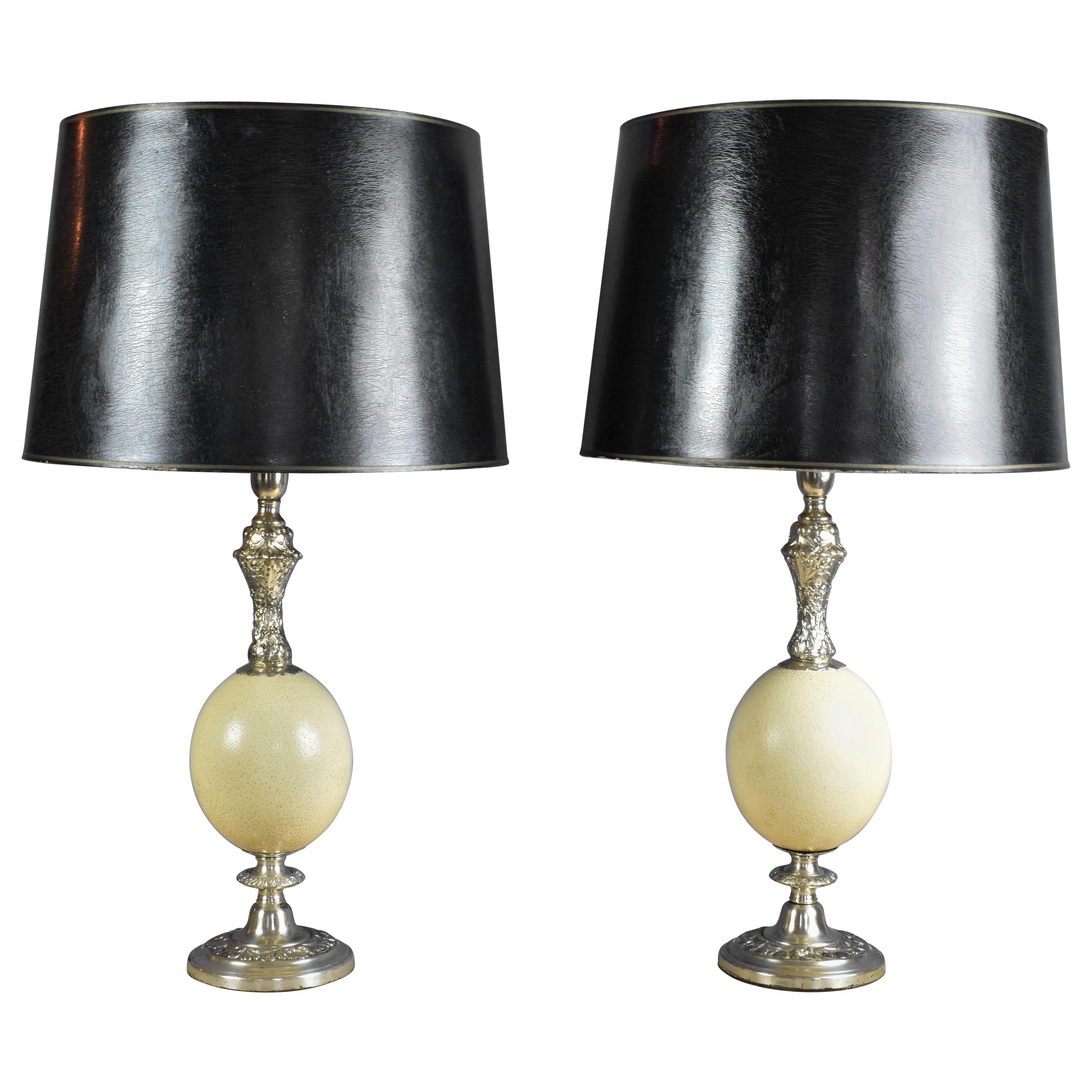 FINAL SALE Vintage French Silver Plate and Ostrich Egg Table Lamps For Sale
