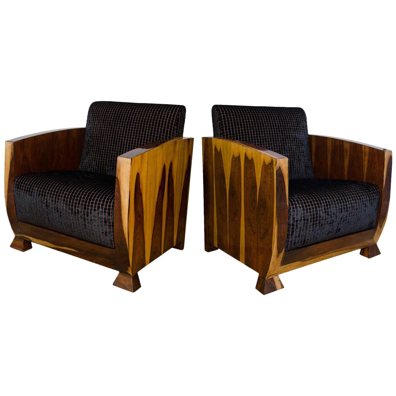 Original 1930s Art Deco Pair of Club Chairs, Chocolate Brown Velvet Upholstery