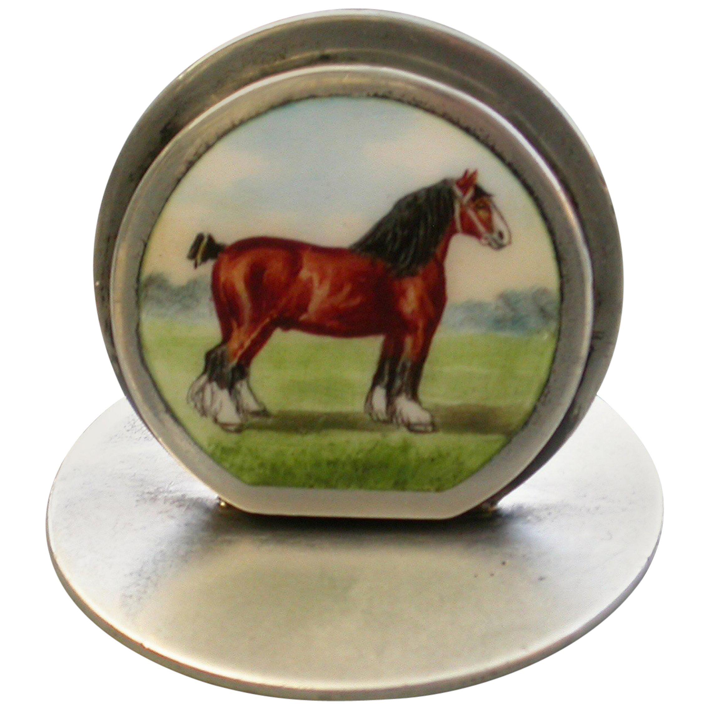 Edwardian Silver and Enamel Shire Horse Menu Holder For Sale