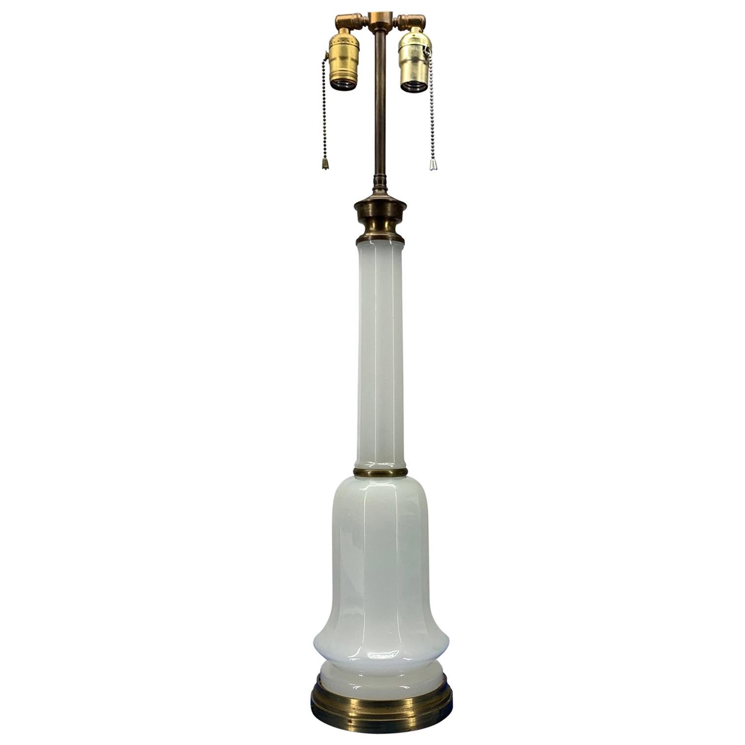 Converted French oil white opaline and brass table lamp.