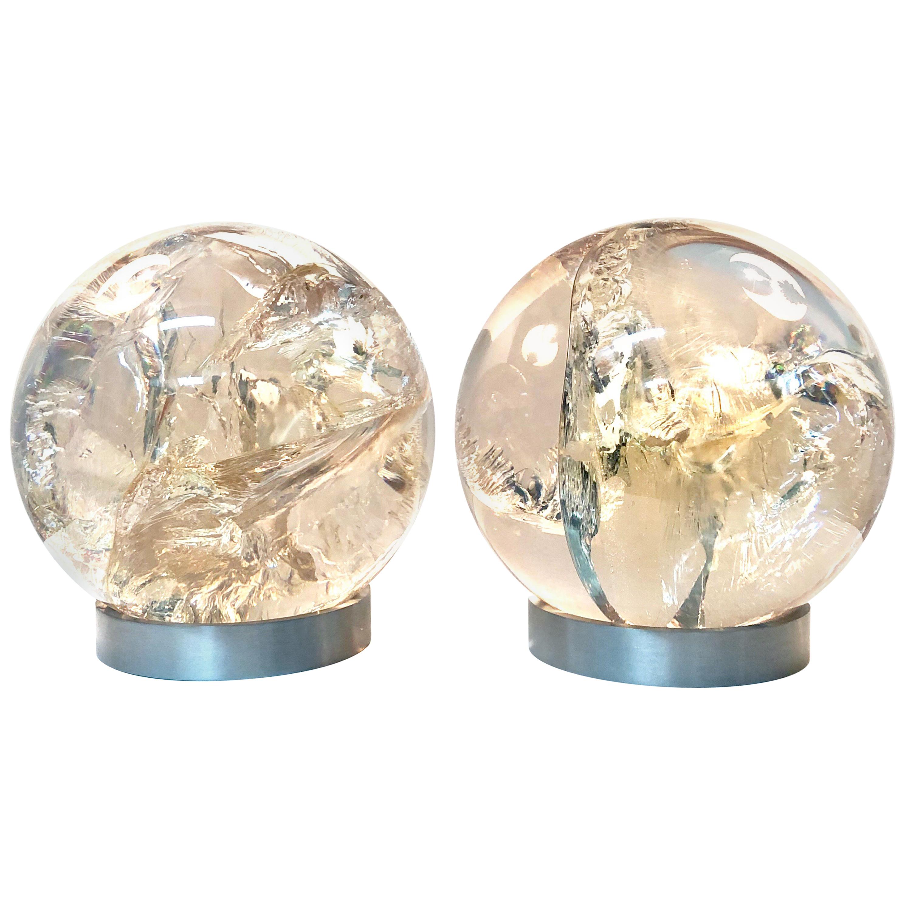 Pair of Fractal Resin Orbs Spheres on Brushed Metal Bases, 1970s