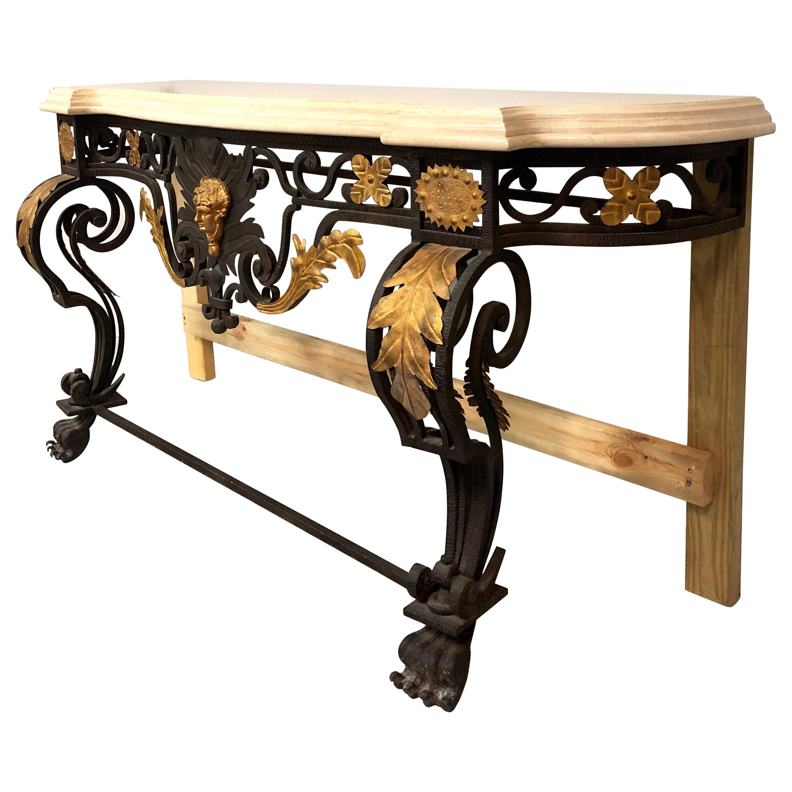 Wrought Iron and Marble Console Table with Lion Paws