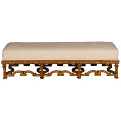 19th Century French Louis XIV Style Carved Giltwood Bench with Mint Upholstery