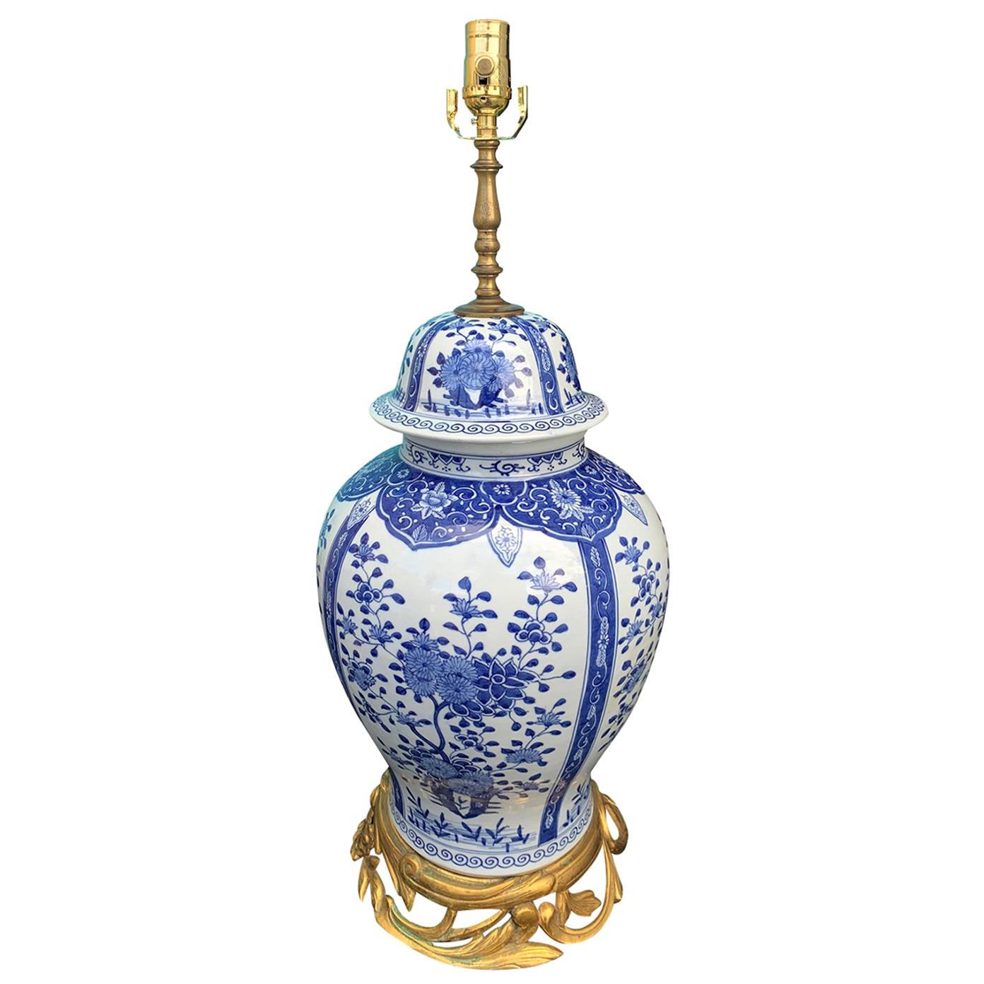 20th Century Chinese Delft Style Blue and White Bronze Mounted Lamp For Sale