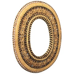 Spanish Mid-Century Modern Handcrafted Woven Wicker and Rattan Oval Mirror