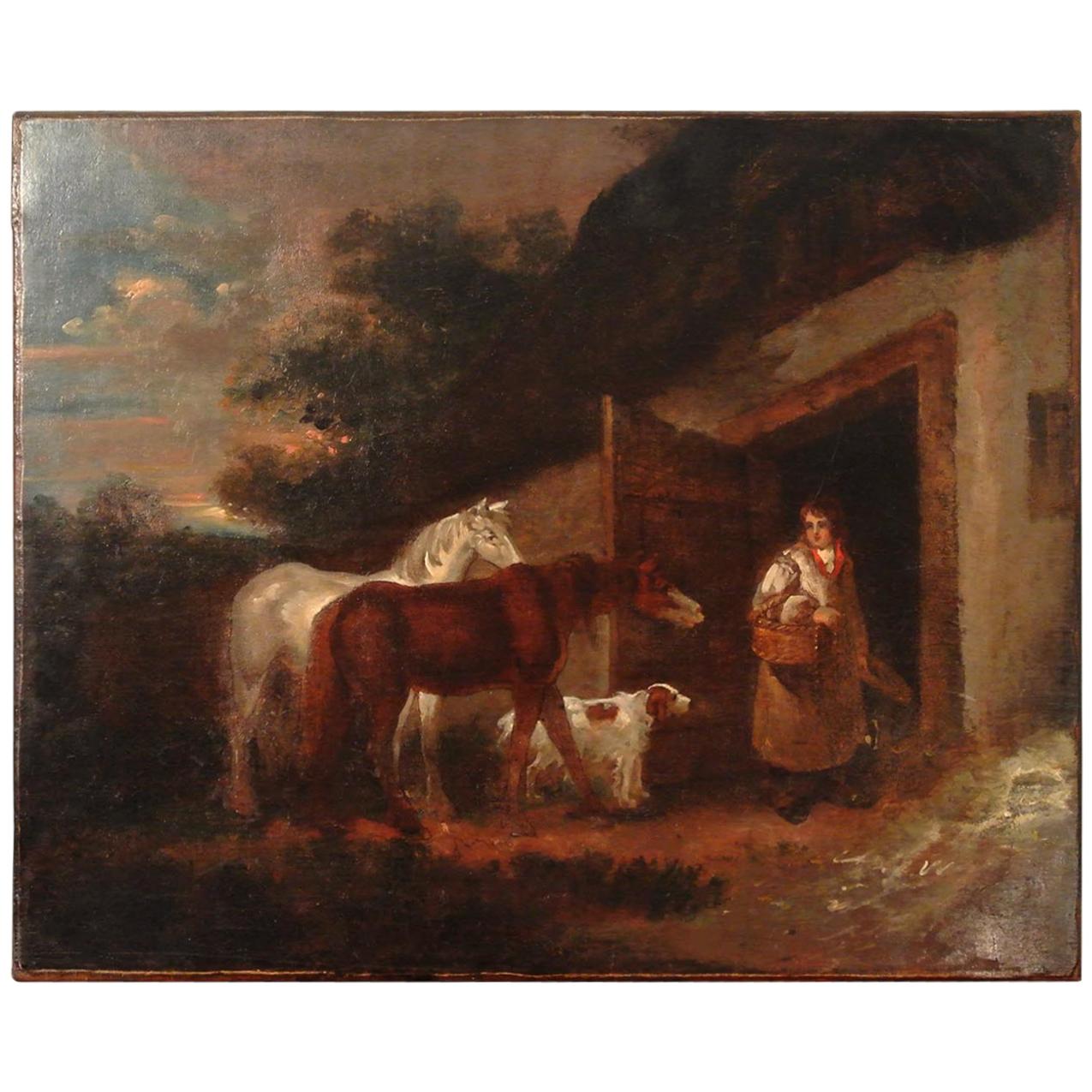 18th Century Oil Painting on Canvas of the Bell Inn, Manner of George Morland For Sale