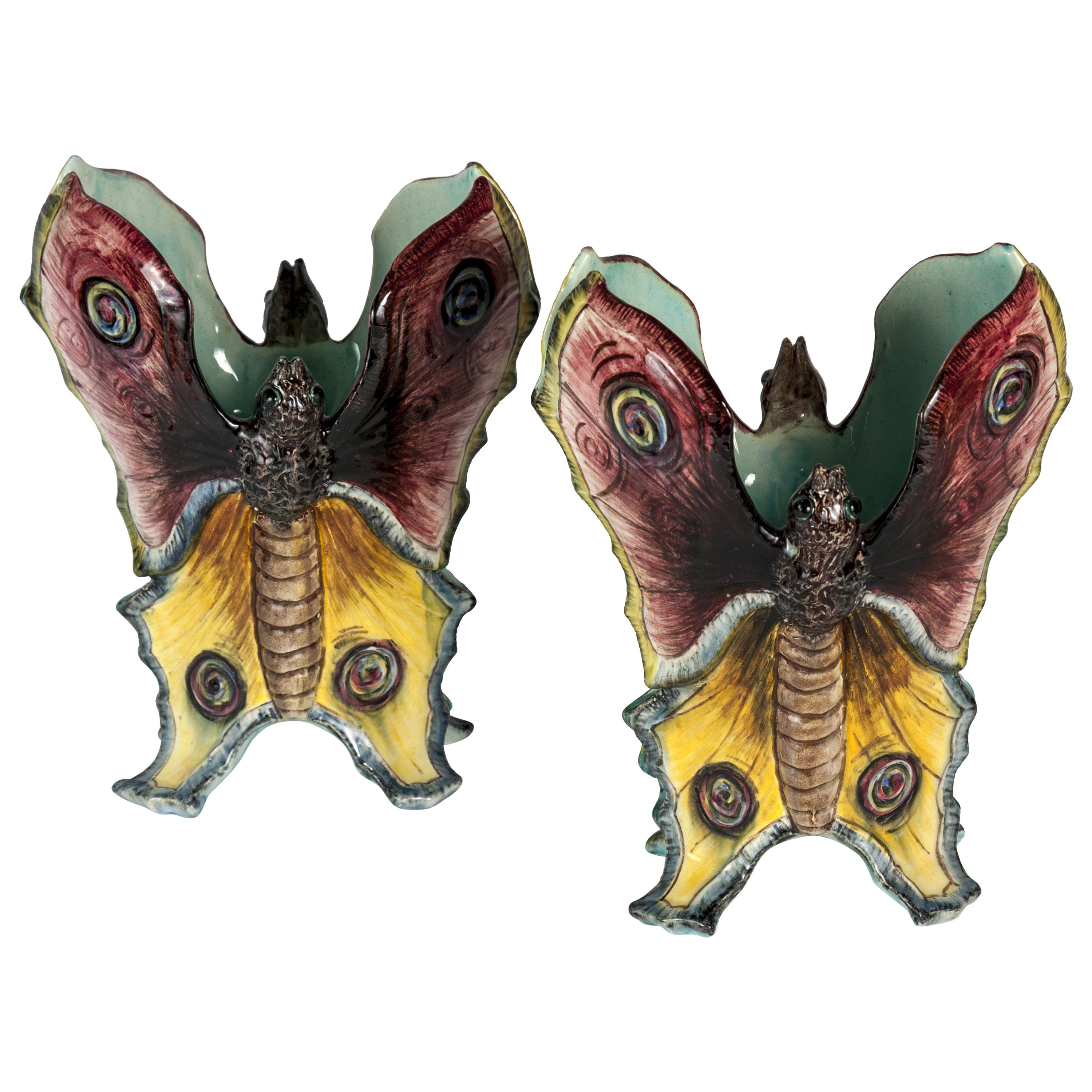 19th Century Majolica Butterfly Vases, Jérôme Massier For Sale
