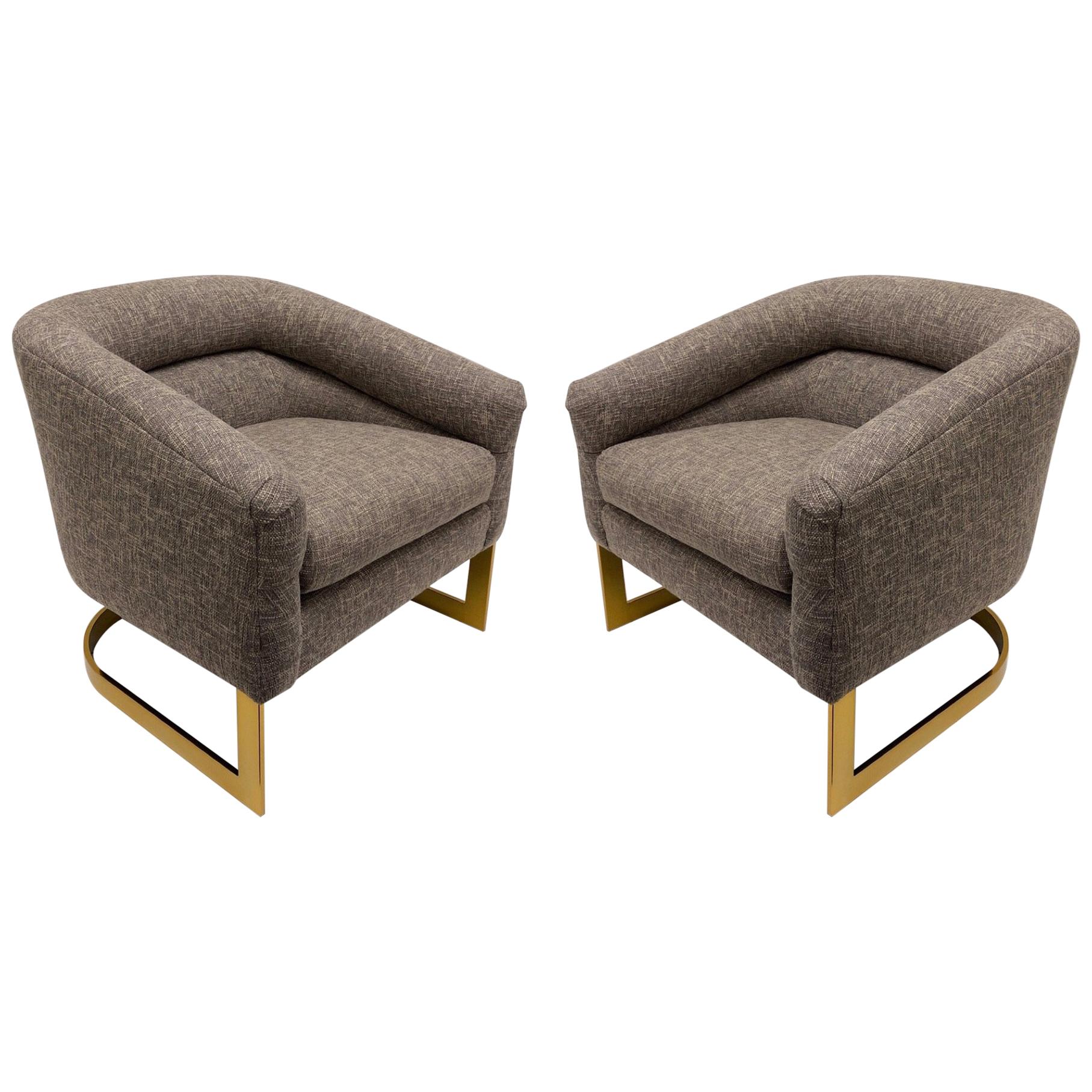 Pair of Brass and Fabric Lounge Chairs by Milo Baughman