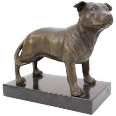 Vintage Bronze Dog Sculpture Staffordshire Bull Terrier on Marble