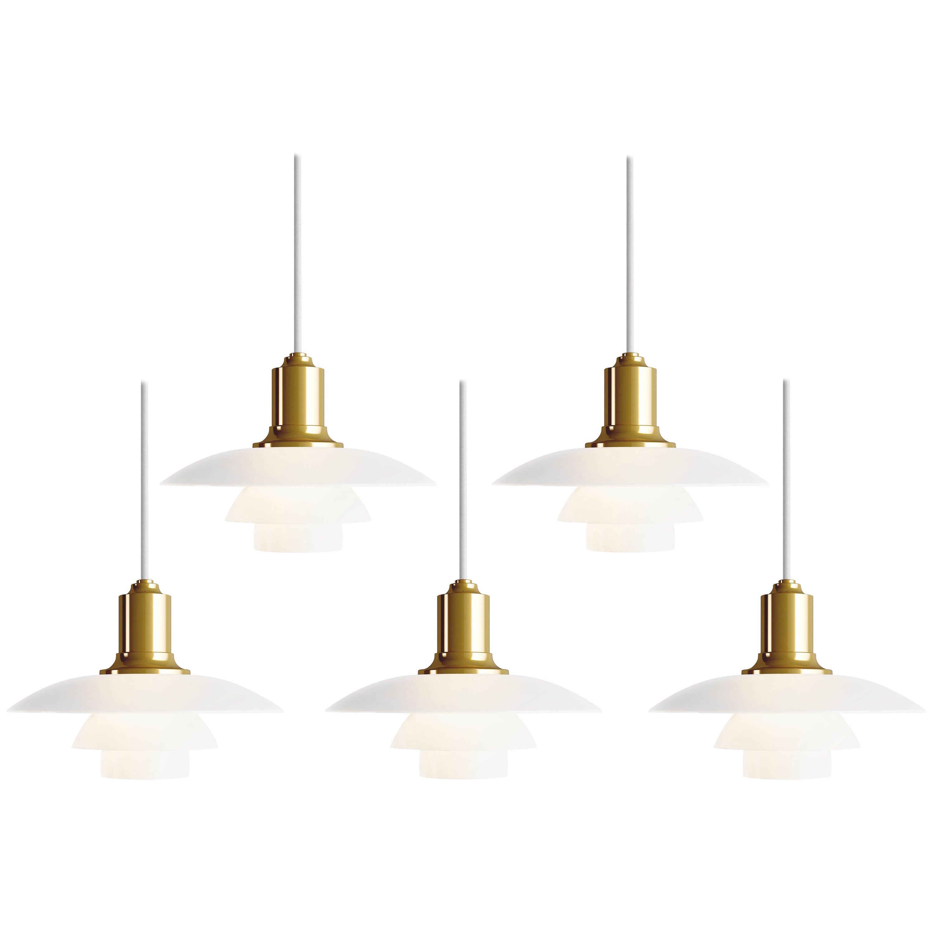 Poul Henningsen PH 2/1 brass and glass pendant for Louis Poulsen. 

Executed in white opal glass and a brass, chrome or black metallized frame. The Industrial look of the dark metalized surface offers a bold, understated look. The mouth-blown white