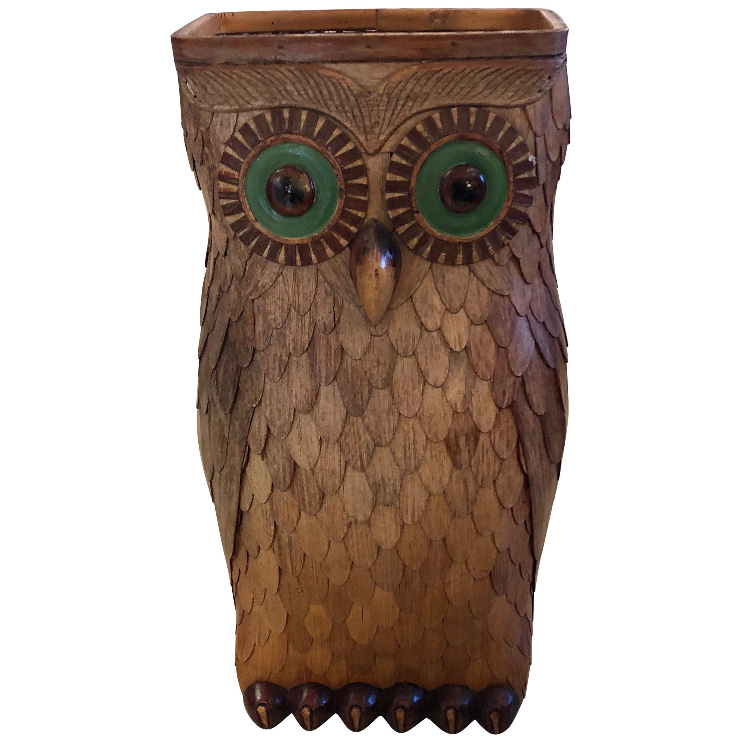 Delightful and Large Wooden Owl Vessel with Glass Eyes