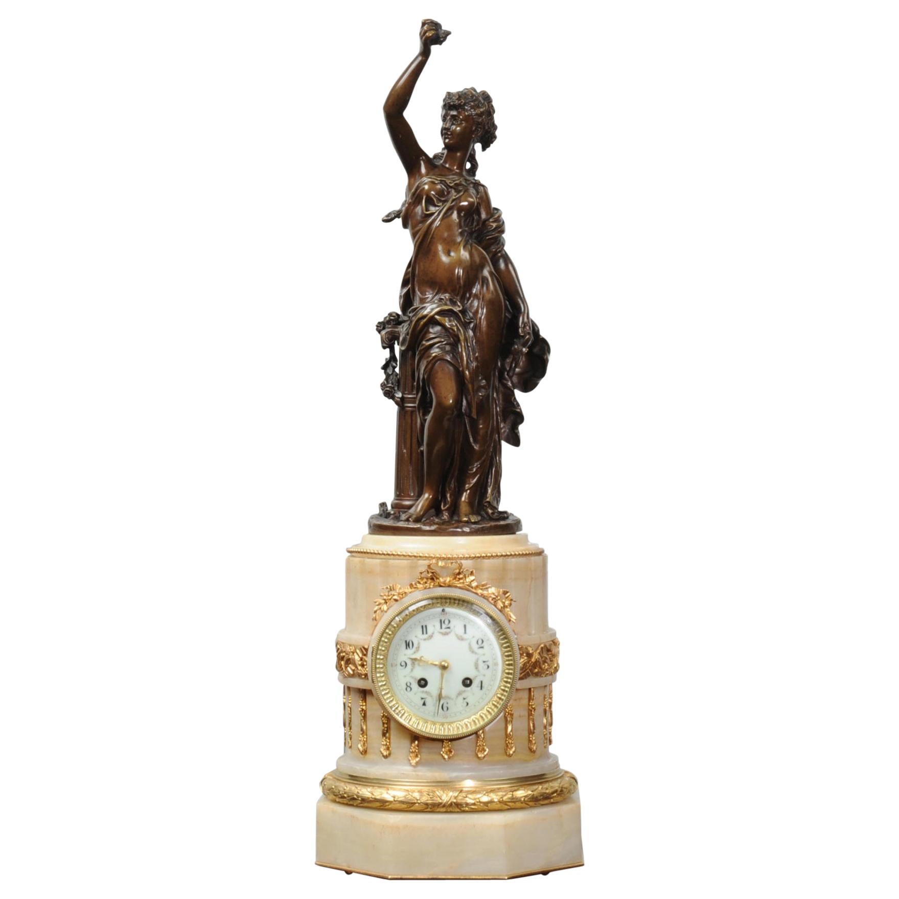 Antique French Onyx and Bronze Clock by Moreau and Japy Freres