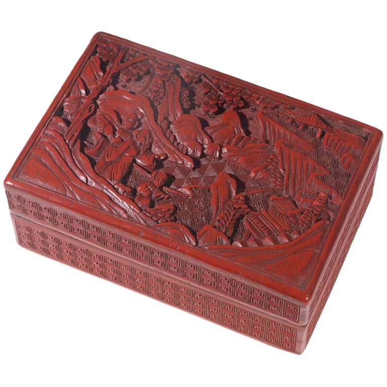 Antique Chinese Cinnabar Lacquer Rectangular Box and Cover