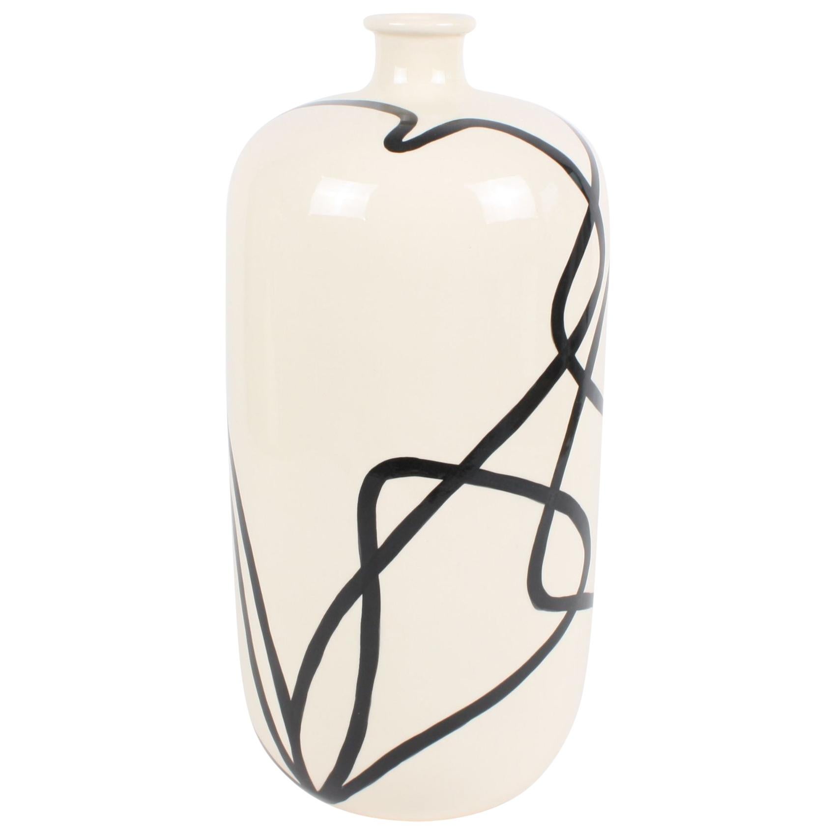 Large Contemporary Black and White Ceramic Vase with Nautical Motifs, Contour