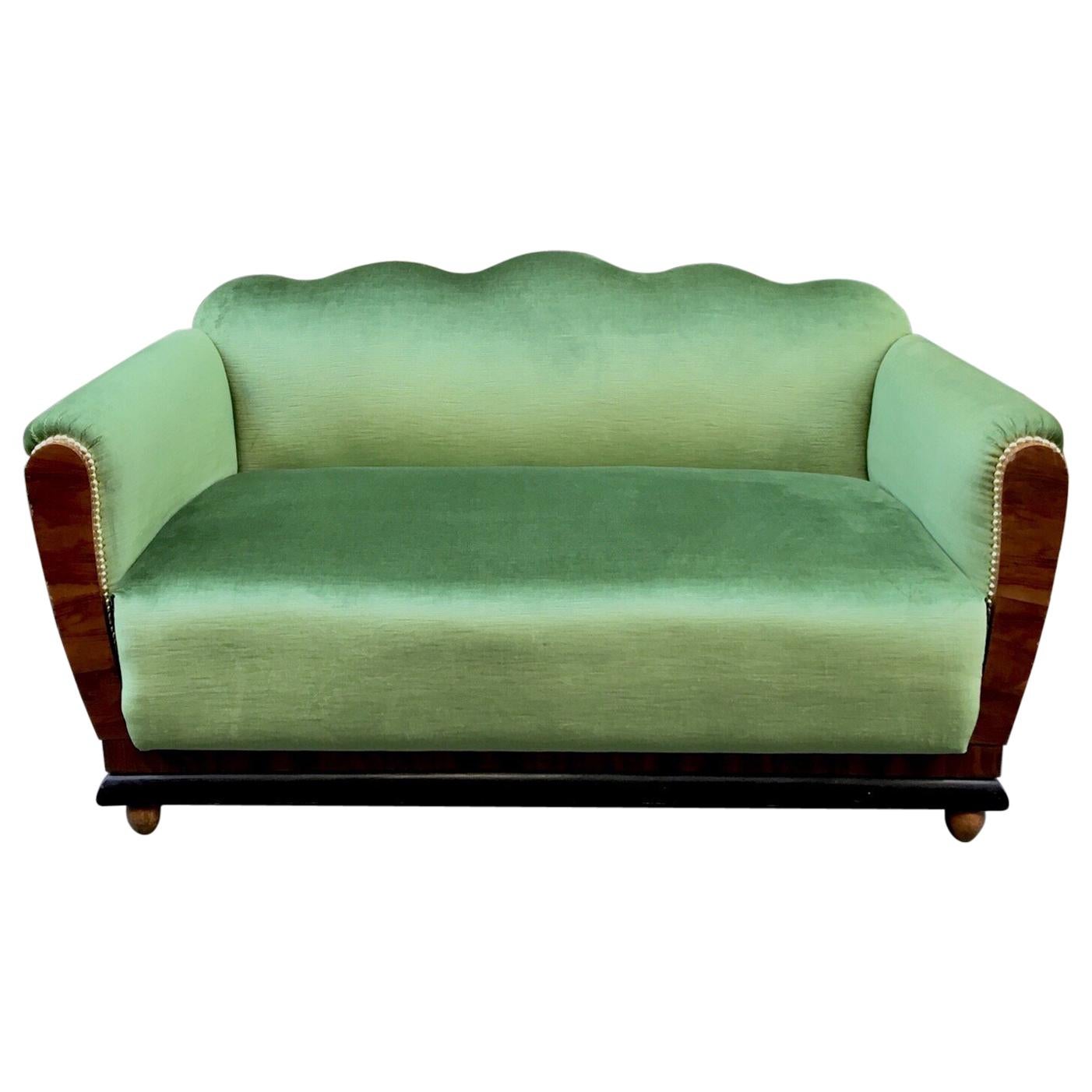 Small Art Deco Sofa Newly Upholstered with Acid Green Velvet, 1940s