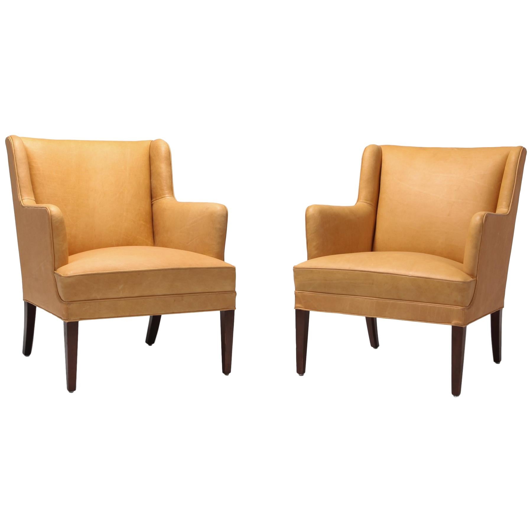 Scandinavian Modern Bergere Chairs in Camel Leather