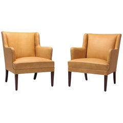 Scandinavian Modern Bergere Chairs in Camel Leather