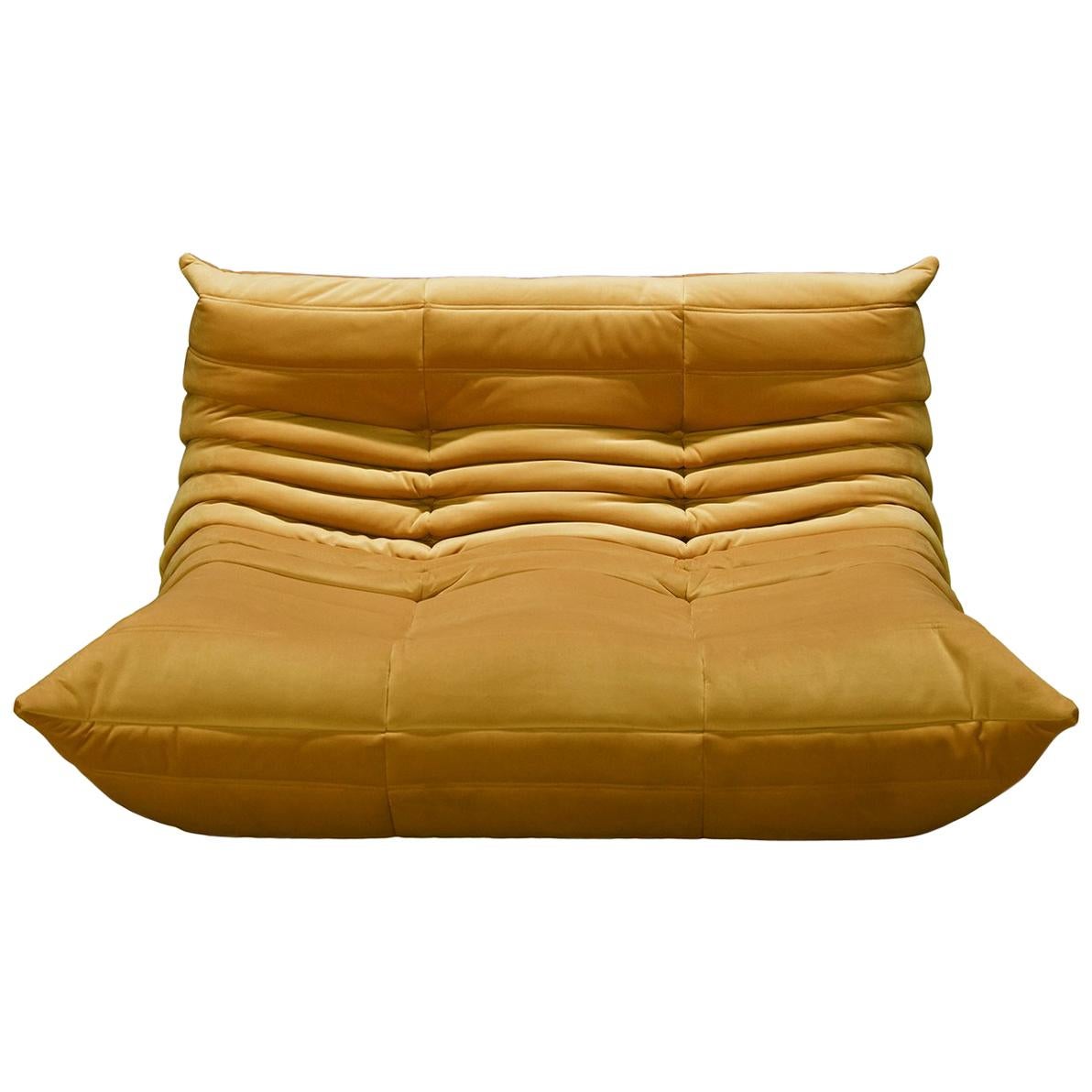 Togo 2-Seat Sofa in Golden Yellow Velvet by Michel Ducaroy for Ligne Roset For Sale