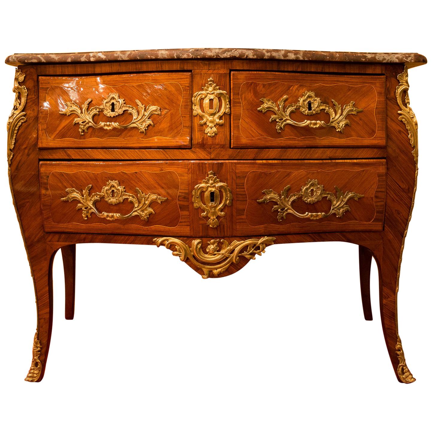 French Louis XV Stamp by Sebastien Vié, Serpentine Marble Top Commode circa 1750