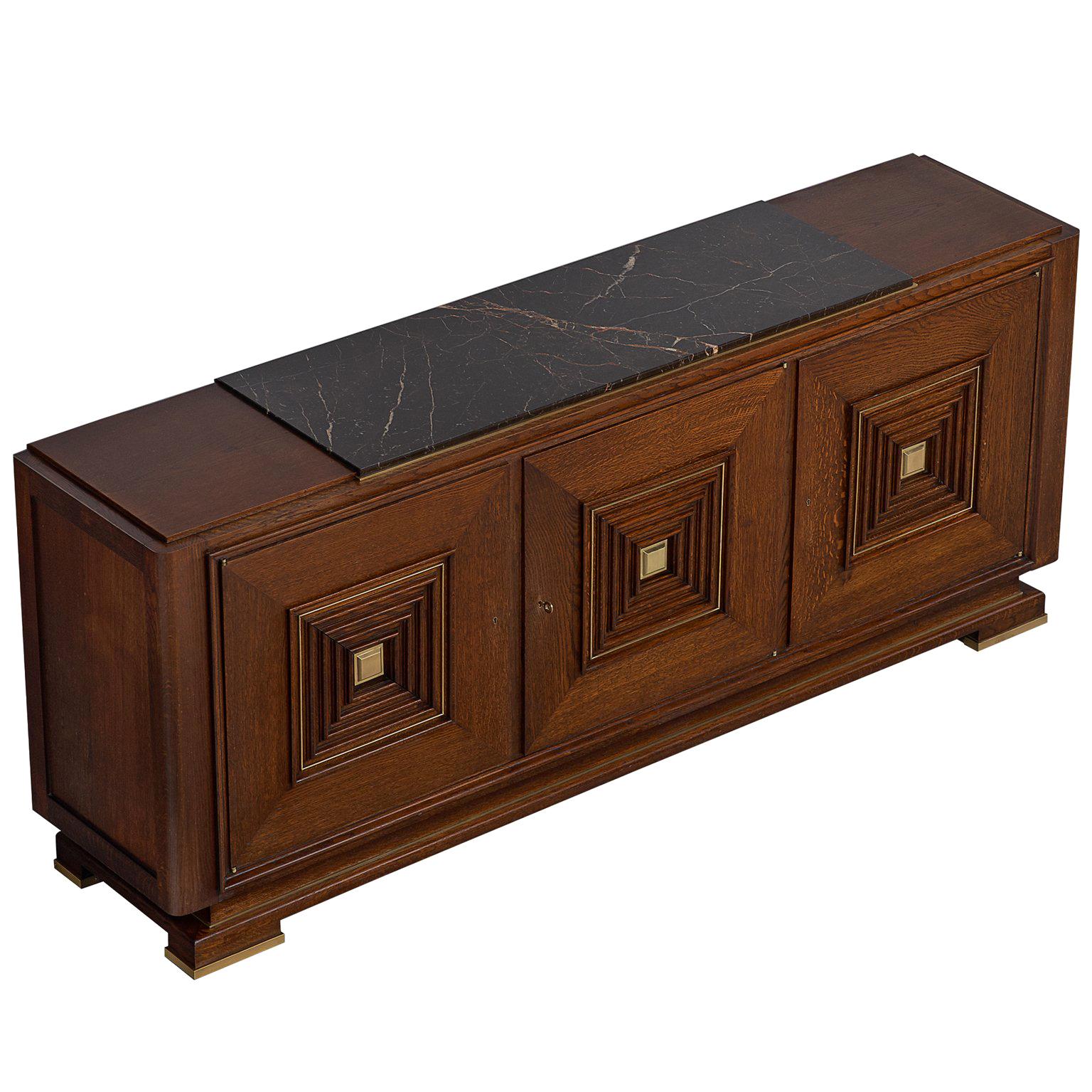 Art Deco Credenza in Oak with Marble Top and Brass Details, 1930s