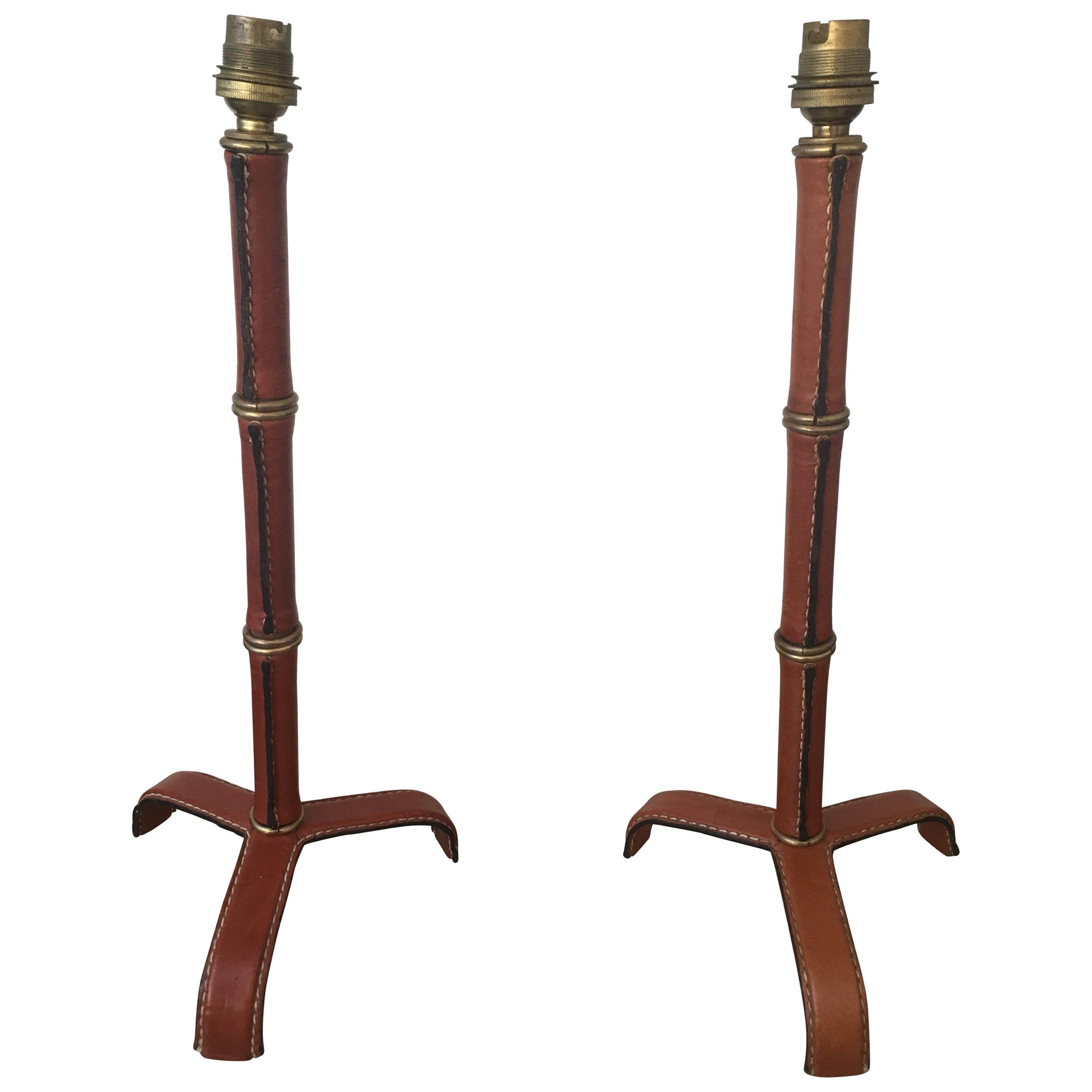 Jacques Adnet Pair of Brown Leather Table Lamps, Bamboo Form, French, 1950s For Sale
